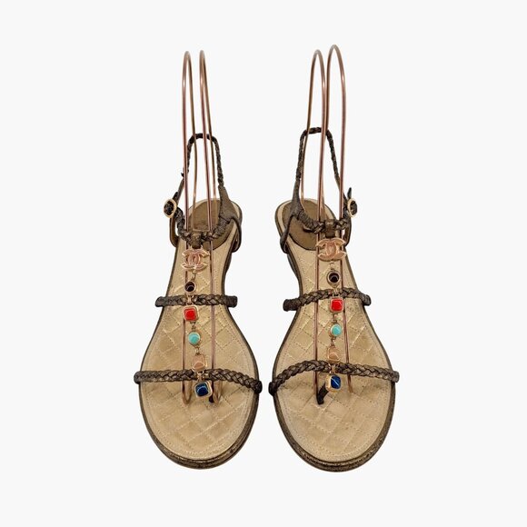 Chanel CC Gem Chain T-Strap Gold Quilted Leather Wedge Sandals Size 40 US 9-9.5 - Picture 2 of 14